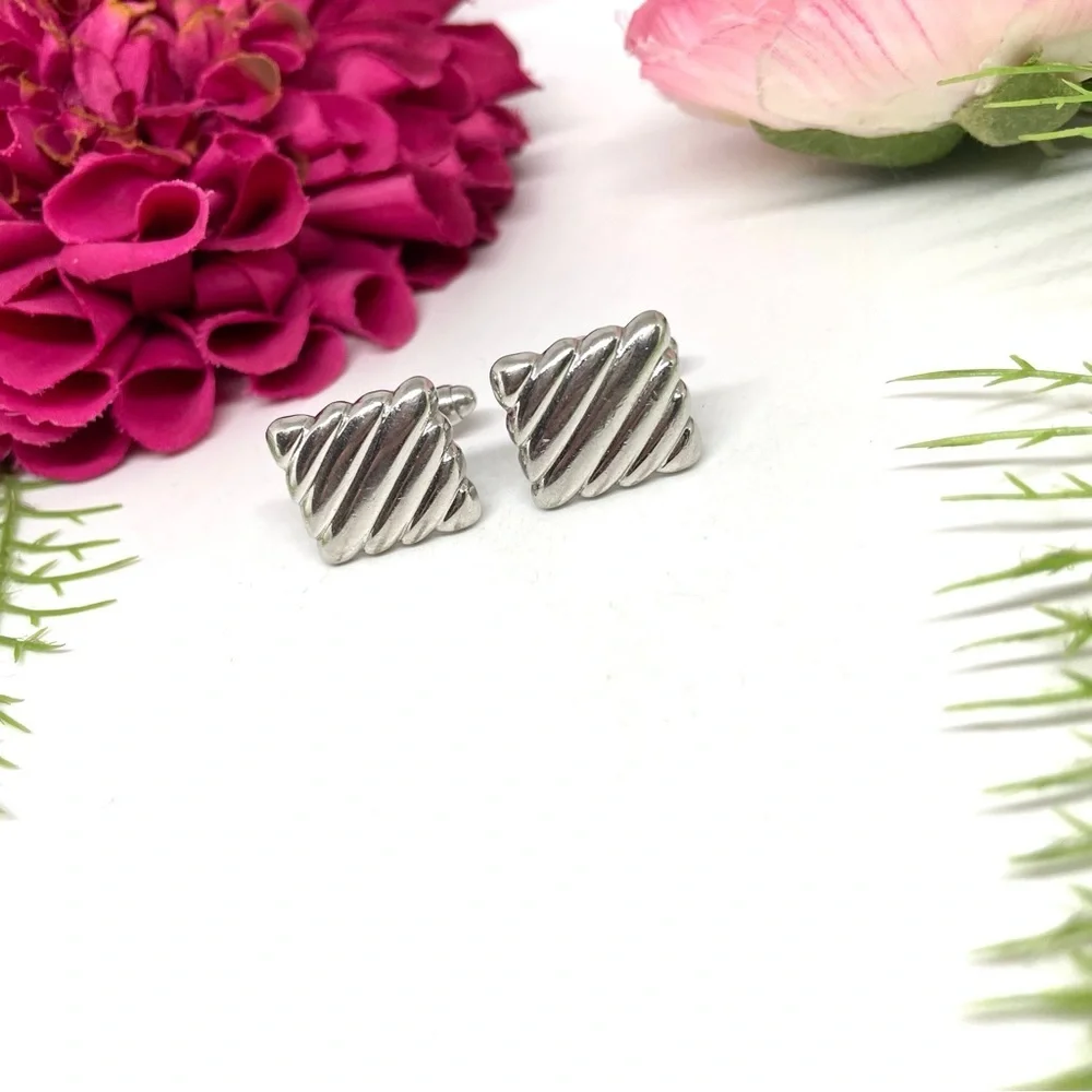 VINTAGE⚜️Quilted Retro Silver Square Cuff Links Set